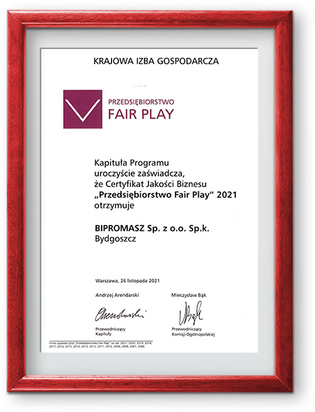 Certyfikat Fair Play 2021 dla firmy Bipromasz